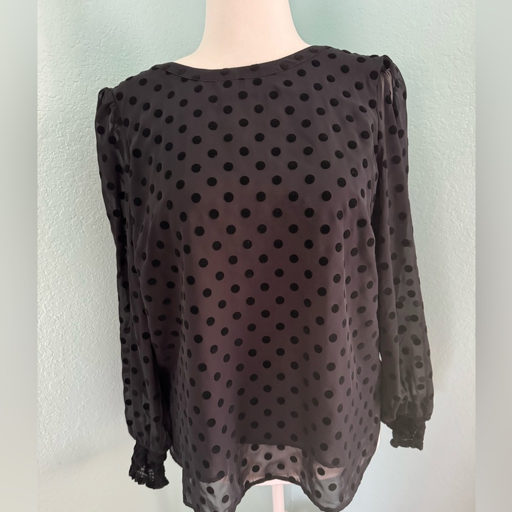 Loft black polka dot top with sheer detail and fun cuff. Like new.